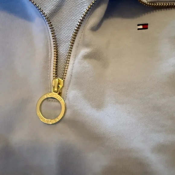 Tommy Hilfiger Quarter Zip Pullover Light Blue Sweatshirt Gold Ring Zip Medium - Picture 3 of 3